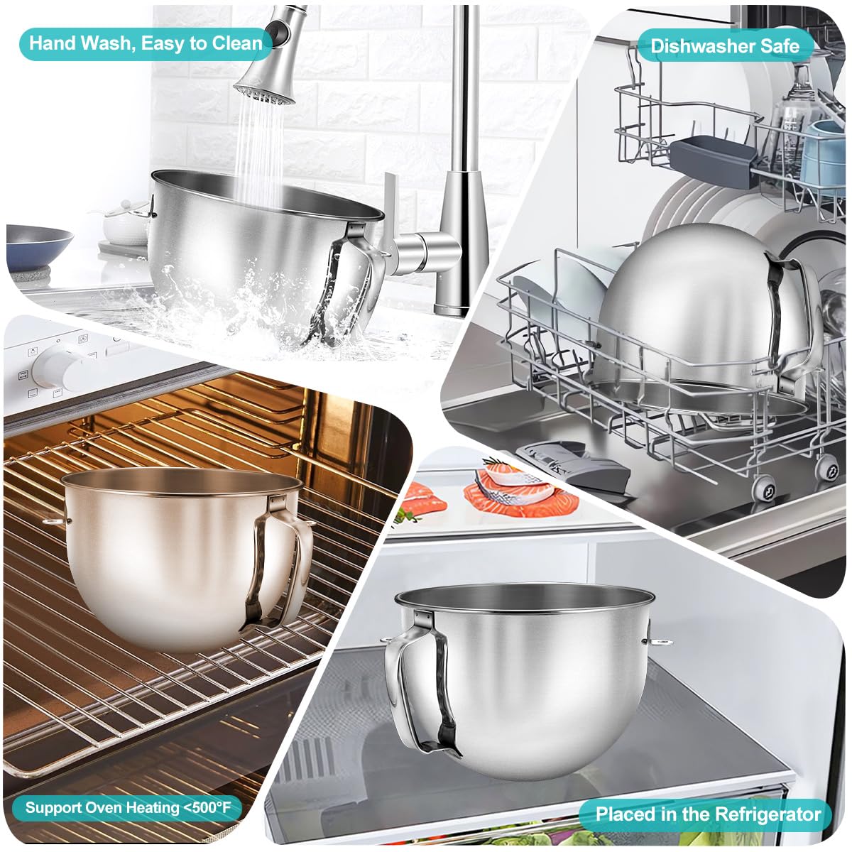 Stainless Steel Mixer Bowl & Mixer Bowl Lid Cover, Compatible with KitchenAid Series 5.5-6 QT Lift Stand Mixer, Suitable for KV25, KV25, KP26, KB26, Dishwasher Safe, Ergonomic Handle, Heavy Duty
