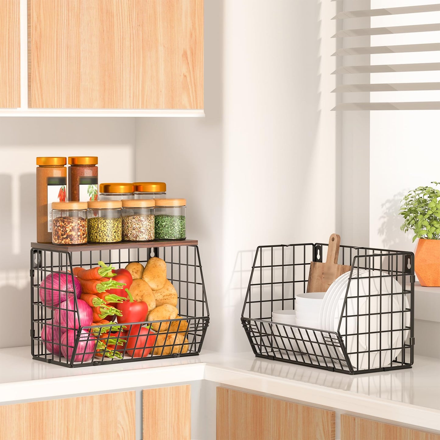 Wawocs Fruit Basket for Kitchen Counter 2 Tier Fruit Bowl, Stackable Wall Mounted Hanging Fruit Basket Wire Baskets with Wood Lid with 4 Banana Hanger Hooks, Onion Basket, Fruit and Vegetable Storage