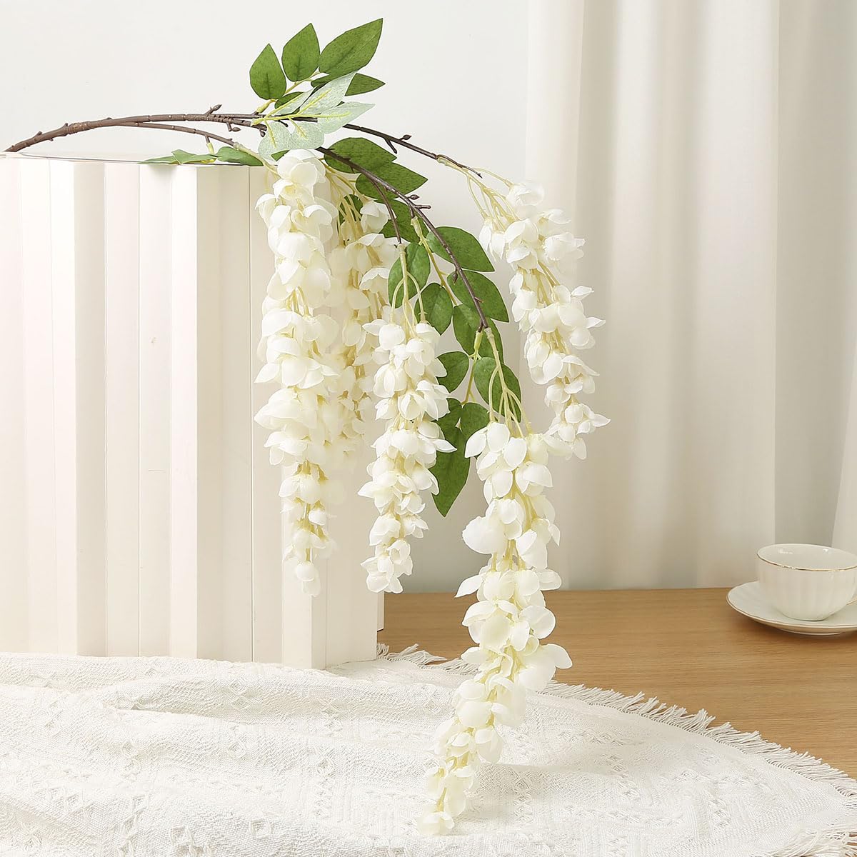 AROIUO 4pcs 47.2-inch Artificial Fake Wisteria Hanging Flower Garland Silk Flower String Home Party Decoration White Blue Pink Purple (White)