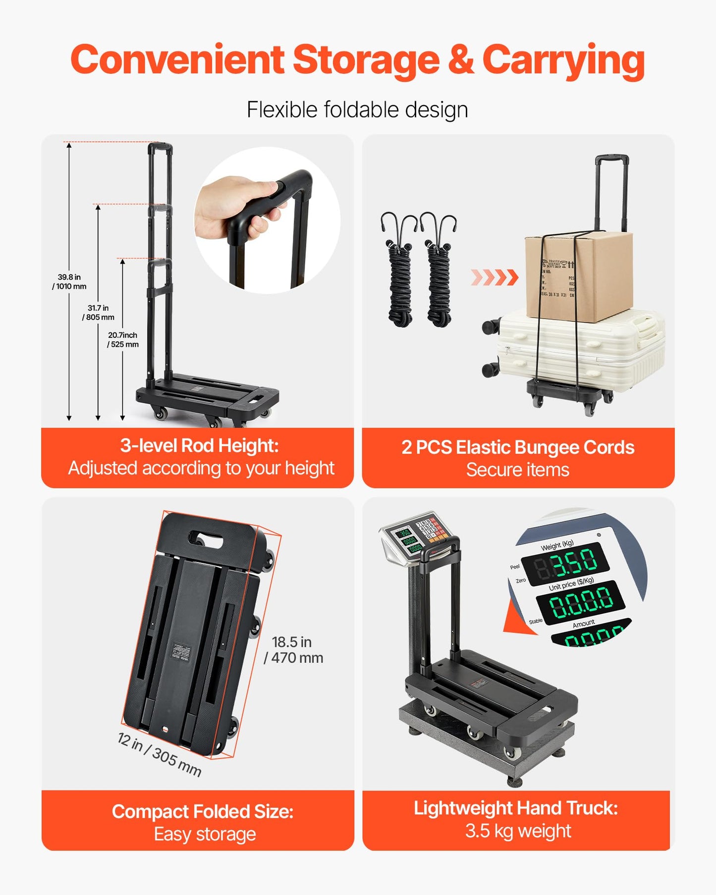 VEVOR Folding Hand Truck, 500 lbs Load Capacity, Collapsible Luggage Cart with 6 Wheels, 2 Elastic Ropes & Expandable Base, Utility Dolly Platform Cart for Airport Travel Luggage Office Moving, Black