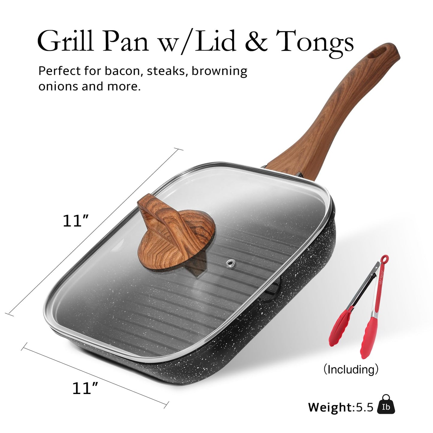 ESLITE LIFE Nonstick Grill Pan with Lid & Tongs for Stove Tops, 11 Inch Versatile Square Big Grilling Skillet Steak Pan with Pour Spouts for Indoor & Outdoor Cooking, PTFE & PFOA Free, Black