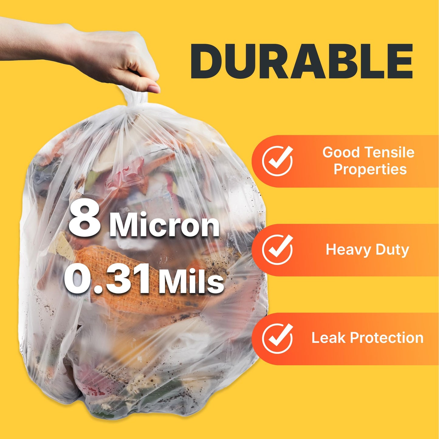 Bagtron 12-16 Gallon Trash Bags, 8 Micron High Density Garbage Can Liners Bulk, 24" x 33", Natural Clear, 1000 Count