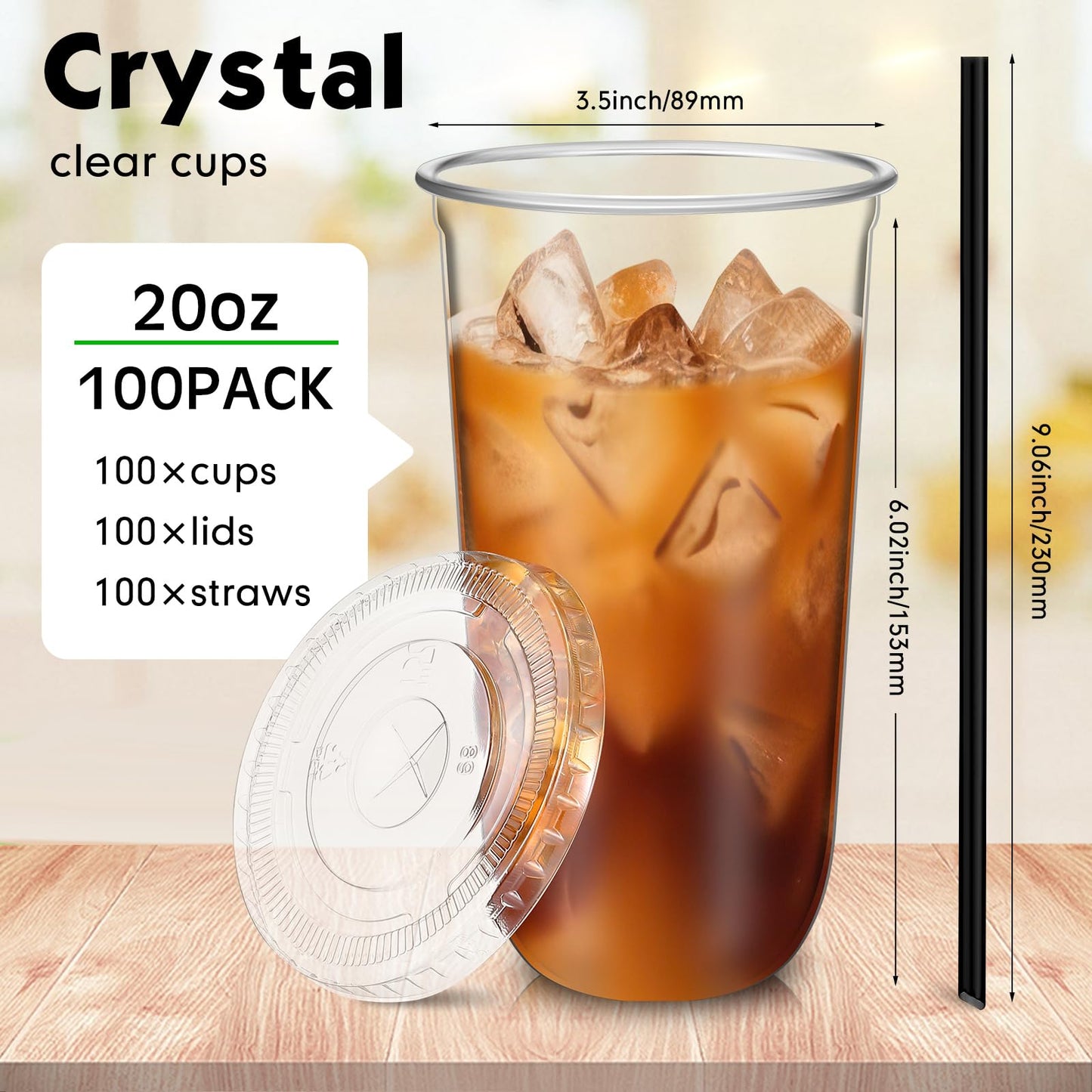 Ziliny 100 Set Clear Plastic Cups with Lids and Straws, Disposable Iced Coffee PET Cups for Drinking Cold Beverage Juice Parfait Smoothie Milkshake Coffee Shops Party Supplies (20 oz)