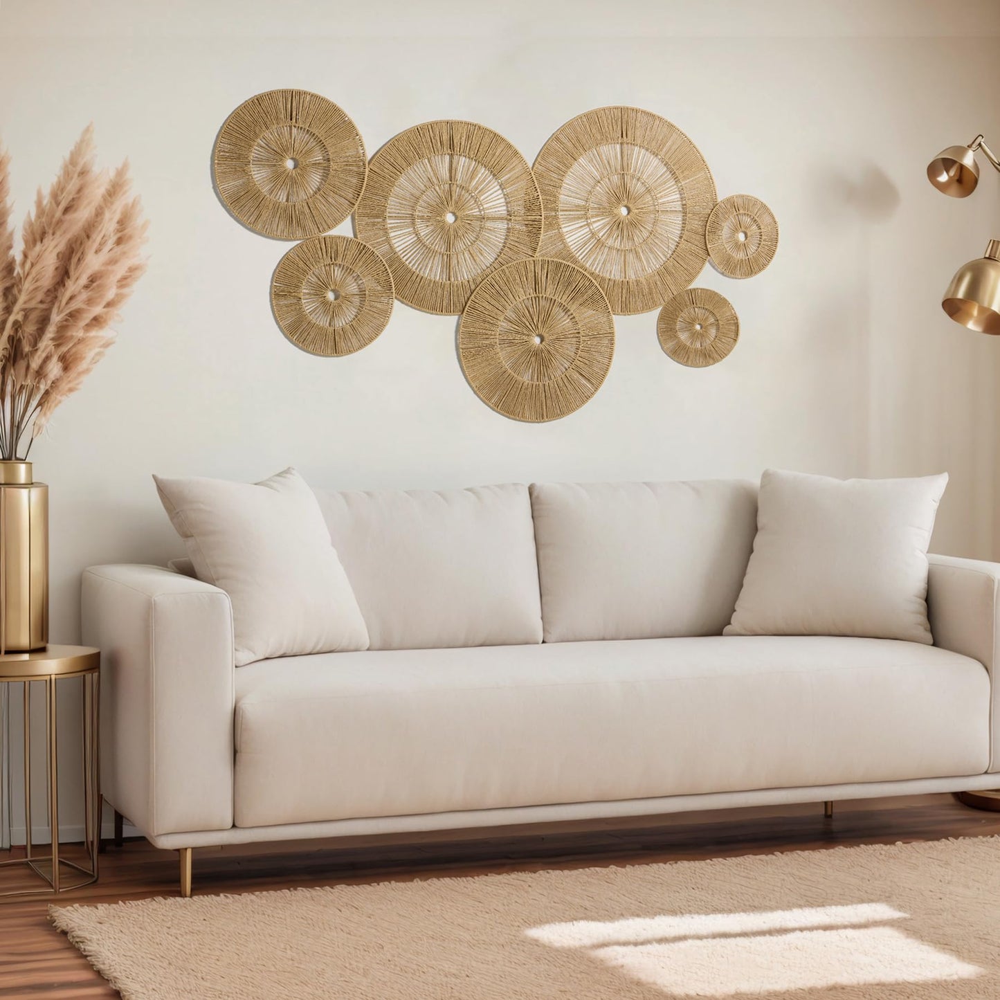 Mokof 7 Pack Boho Wall Baskets Decor Set (17", 15", 13", 11", 9", 7", 7") - Natural Paper Rope Round Wall Art for Living Room, Bedroom, Dining Room, Bohemian Home Decor - - Versatile Wall Arrangements (Neutral Brown)