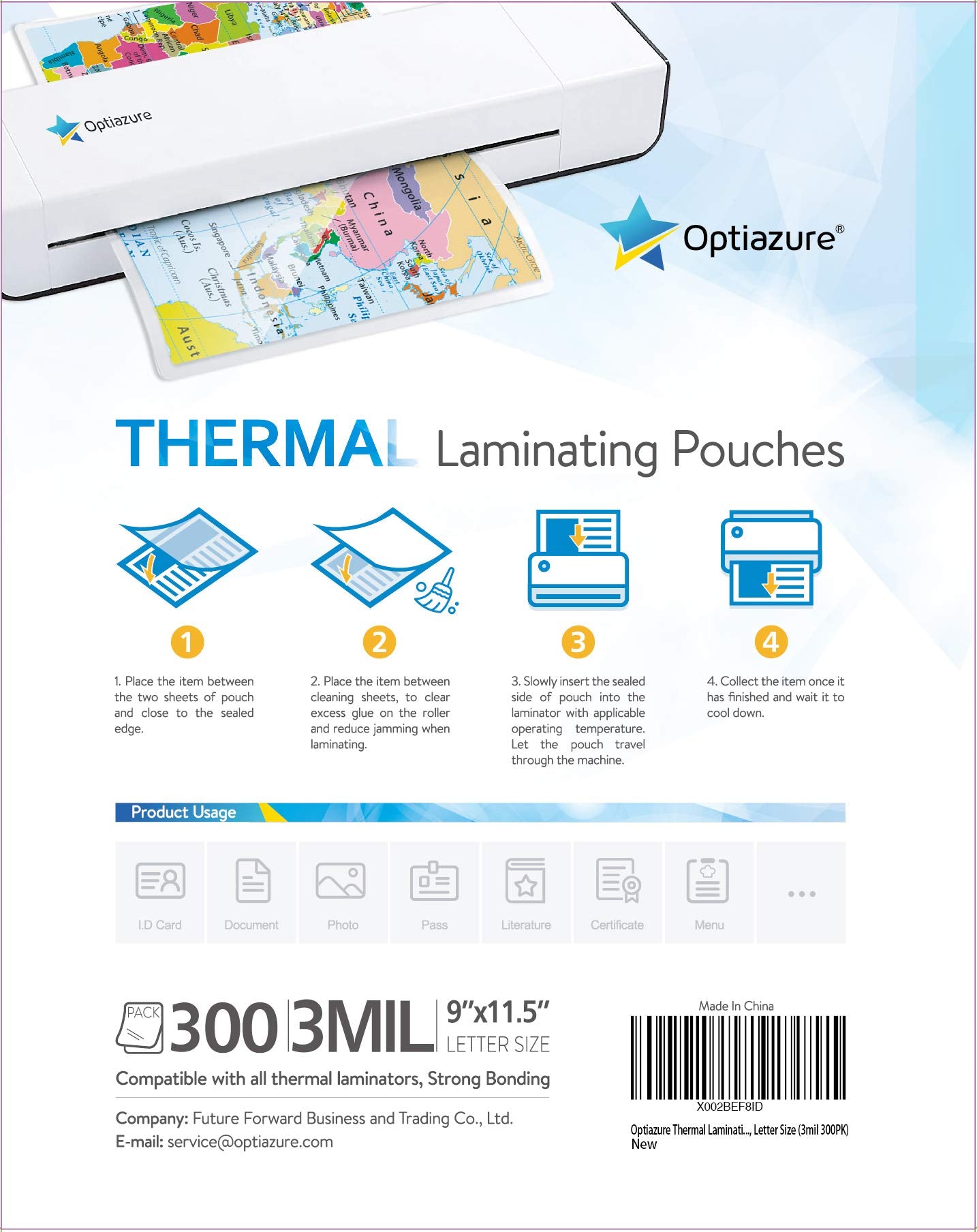 Optiazure Thermal Laminating Pouches 9"x11.5" Inches, 3mil 300Pack, Clear, Letter Size