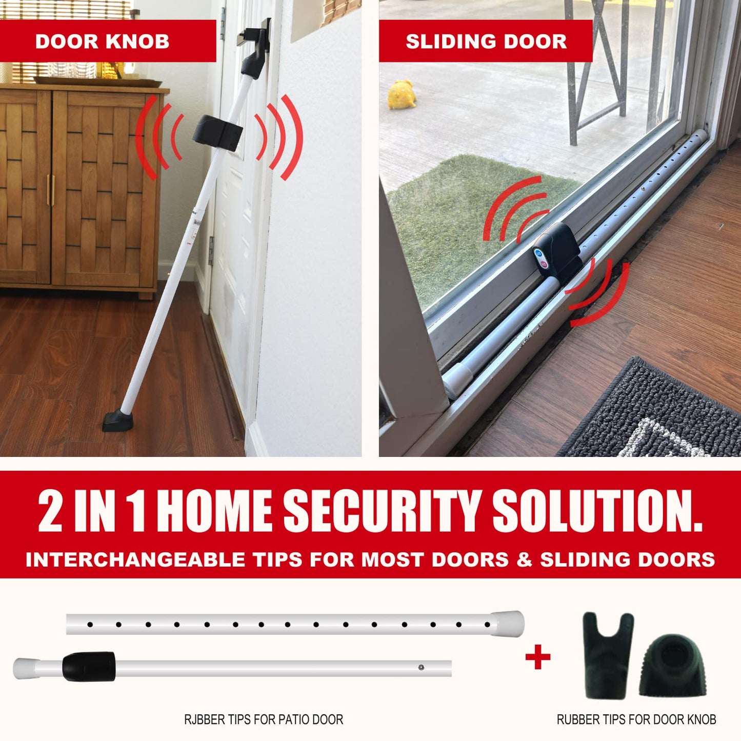 SECURITYMAN 2-in-1 Door Security Bar with Alarm & Sliding Door Stopper Security Bar with 120db Loud Siren - Rugged Iron Rated for 400lbs, (Protects Against Scratches) New Model for Wider Compatibility