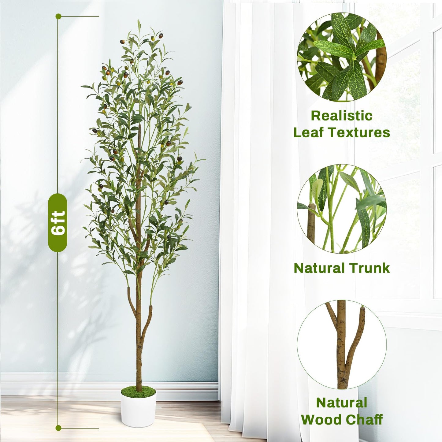 Waipfaru Artificial Olive Tree, 6FT Tall Faux Olive Trees with Planter & Basket, Artificial Plants Indoor with Natural Wood Trunk and Realistic Fruits for Home Decor Office Living Room