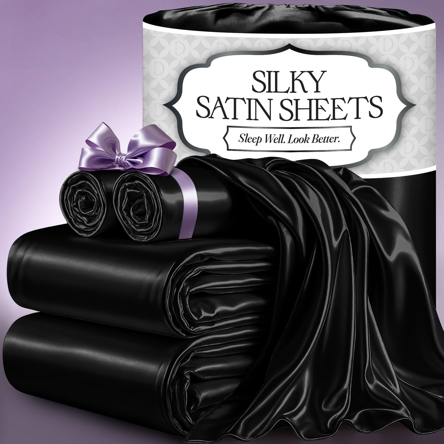DECOLURE Satin Bed Sheets - 4 Piece Luxury Silky Queen Size Bedding Set - Softer Than Silk, Wrinkle-Free with 15” Deep Pocket Fitted Sheet, Perfect for Hair & Skin, Gifts for Women (Black)
