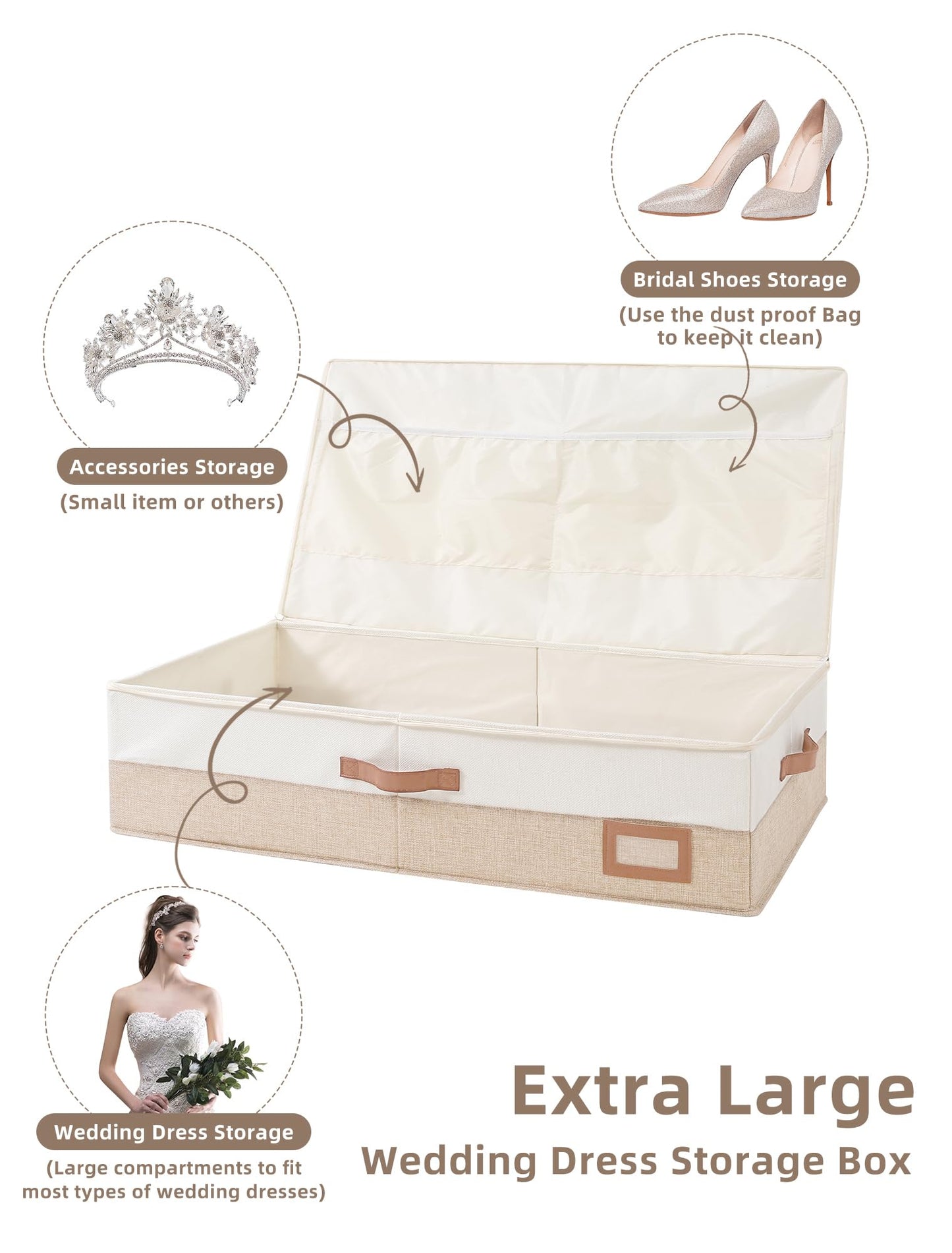 Coorganisers Wedding Dress Storage Box, Large Wedding Dress Preservation Box with 5 Cedar Wood Blocks, 30 Sheets of Acid-Free Tissue Paper, Microfiber Gloves, and Dust-Proof Bag-Beige&Linen Color