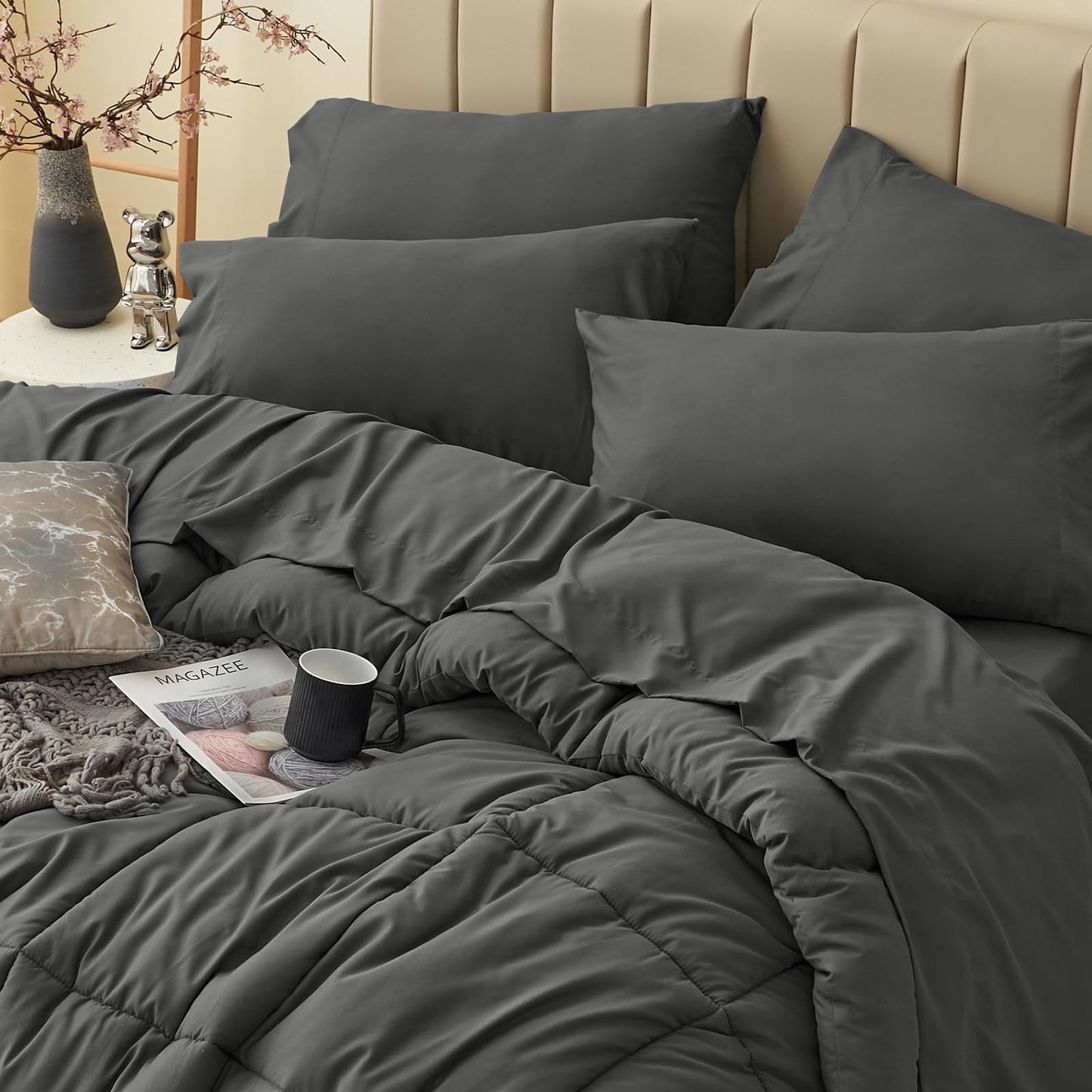 HIMEET Queen Comforter Set Dark Grey, Luxury Soft Bed in a Bag, Fluffy Dark Gray Bed Set Queen Size 7 Pieces, All Seasons Bedding Sets with Comforter, Flat Sheet, Fitted Sheet & Pillowcases