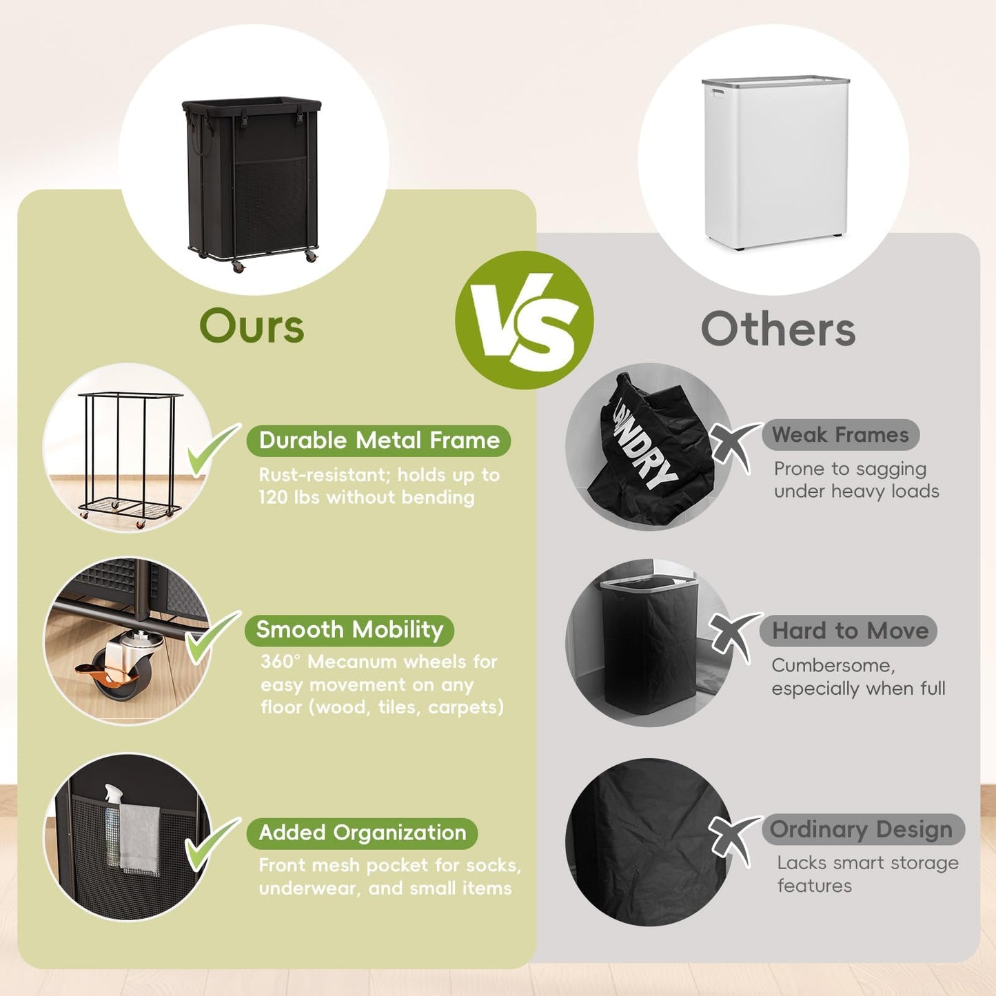 200L Laundry Hamper with Wheels, Rolling Laundry Basket with Metal Frame and Removable Bag, Large & Tall Dirty Clothes Hampers for Bedroom Aesthetic, Laundry Room, Bathroom, Dorm-Black