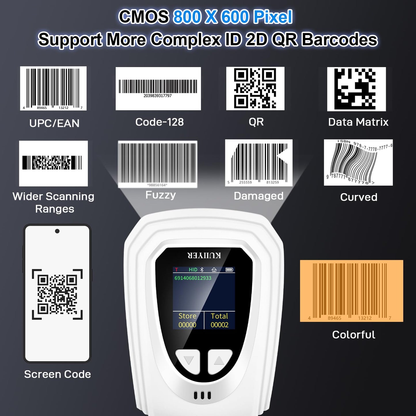 KUIIYER 1D QR 2D Barcode Scanner, Bluetooth Wireless Bar Code Scanners with Setting Keypad & LCD Screen Display & AI Voice, Handheld Barcode Reader for iPhone, Android, iPad, Tablet, Computers & POS