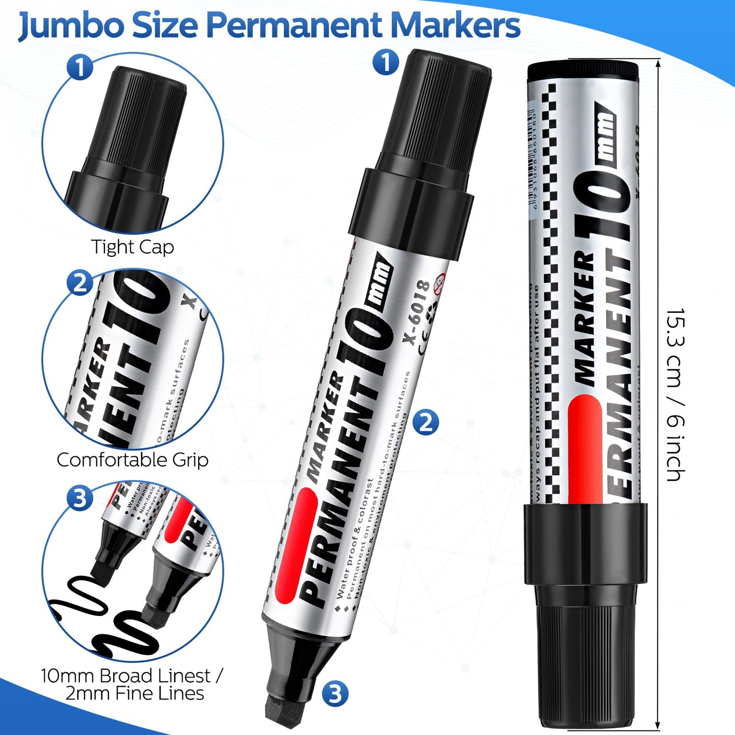 Thenshop 60 Pcs Jumbo Permanent Markers Bulk 10mm Chisel Tip Black Thick Permanent Markers Set Waterproof Jumbo Marker for Industrial Use Work on Wood Metal Glass Window Car Glass Paint Pen
