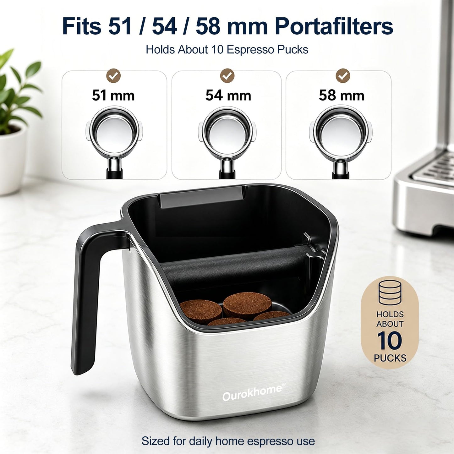 Ourokhome Espresso Knock Box with Lid, Compact Coffee Grounds Container for Home Coffee Bar, Removable Knock Bar, 304 Stainless Steel Exterior, Non-Slip Base & Handle, Easy Clean