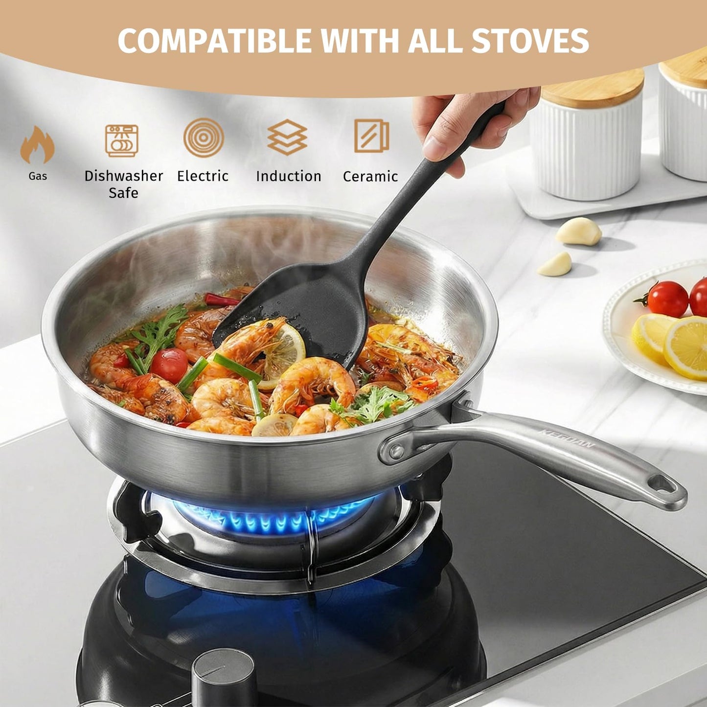 KEGDAN Tri-Ply Stainless Steel Frying Pan Set With Lids, 13pcs Stainless Steel Cookware Set with Detachable Handle, Induction Compatible Skillets for All Stovetops, Dishwasher and Oven Safe, Sliver