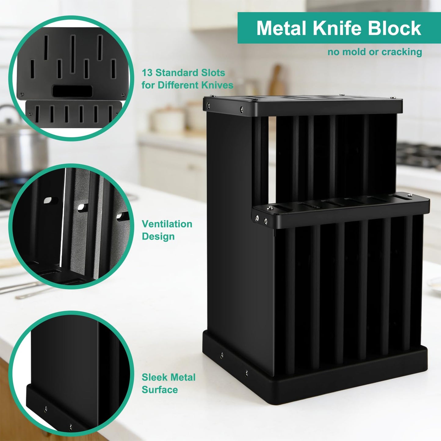 CuCut 16-Piece Kitchen Knife Set with Block - High Carbon Stainless Steel Knives, Black Non-Stick Coating, Triple Riveted Forged Turquoise Handle, Dishwasher Safe, Includes Knife Sharpener, Scissors
