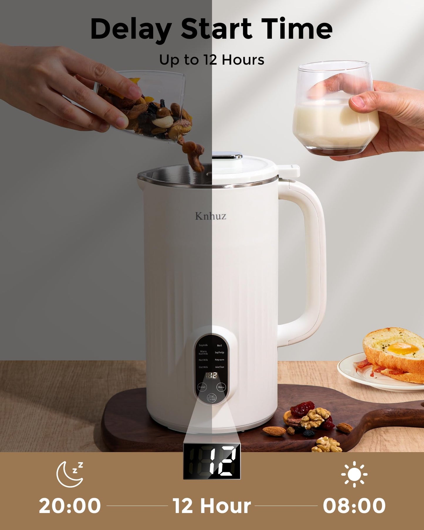 Kuhuz Nut Milk Maker,32oz Automatic Soy Milk Machine For Homemade Almond,Oat,Coconut Plant Based & Non-Dairy Beverages,12H Time Delay,Auto-Clean,Keep Warm,Cream White