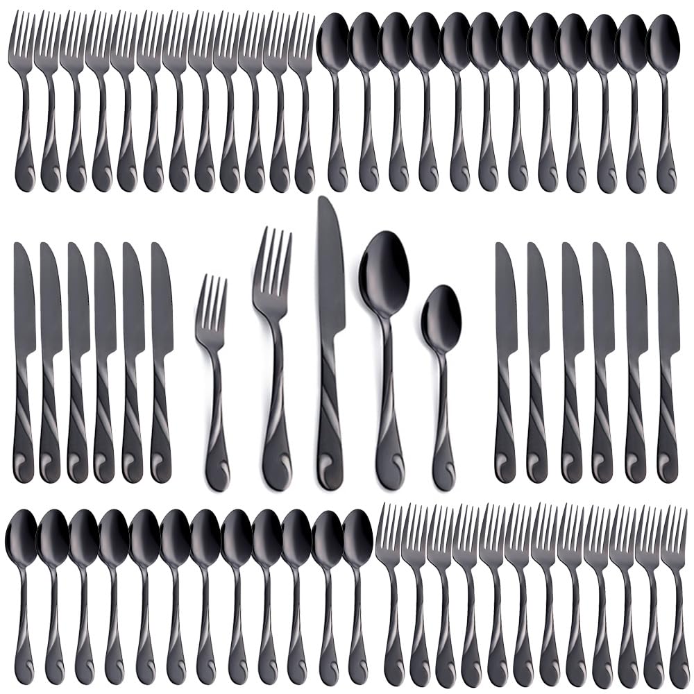 Seeshine Black Silverware Set for 12, 60-Piece Stainless Steel Flatware Set, Shiny Black Metal Cutlery Set, Include Fork, Knife and Spoon Set, Dishwasher Safe