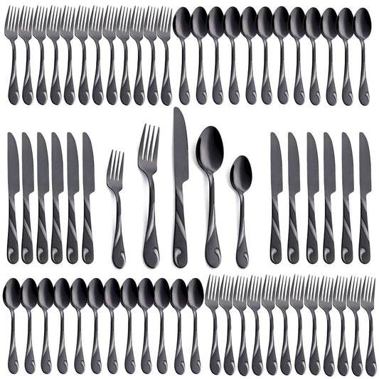 Seeshine Black Silverware Set for 12, 60-Piece Stainless Steel Flatware Set, Shiny Black Metal Cutlery Set, Include Fork, Knife and Spoon Set, Dishwasher Safe