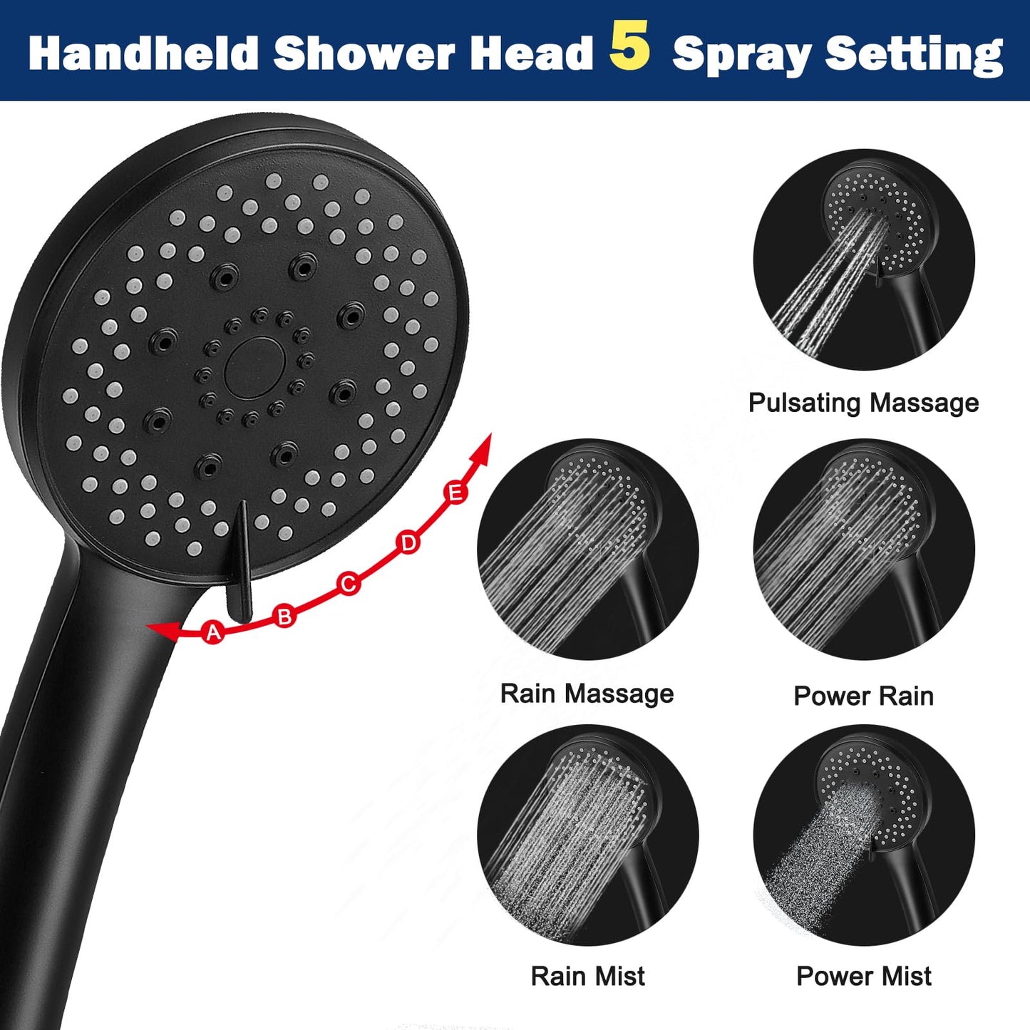 NearMoon Filtered Rain Shower Head, High Pressure 8″Square, and 5 settings Handheld Shower Filter Combo with Self-adhesive Holder/1.5M Hose -1 Replaceable Filter Cartridge (Matte Black)