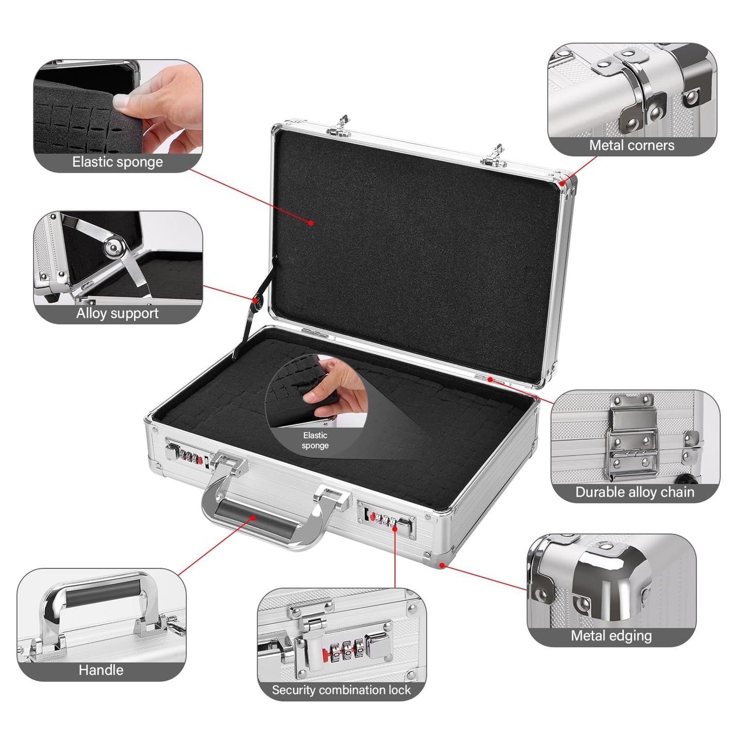 LOCKCURX Security Lock Boxes - 14.2 x 9.4 x 4.5 Inch Medium, Portable Locking Storage Totes with Dual Combination Locks, Medicine Lock Box, Lock Boxes for Personal Items, Cash & Briefcase - Silver