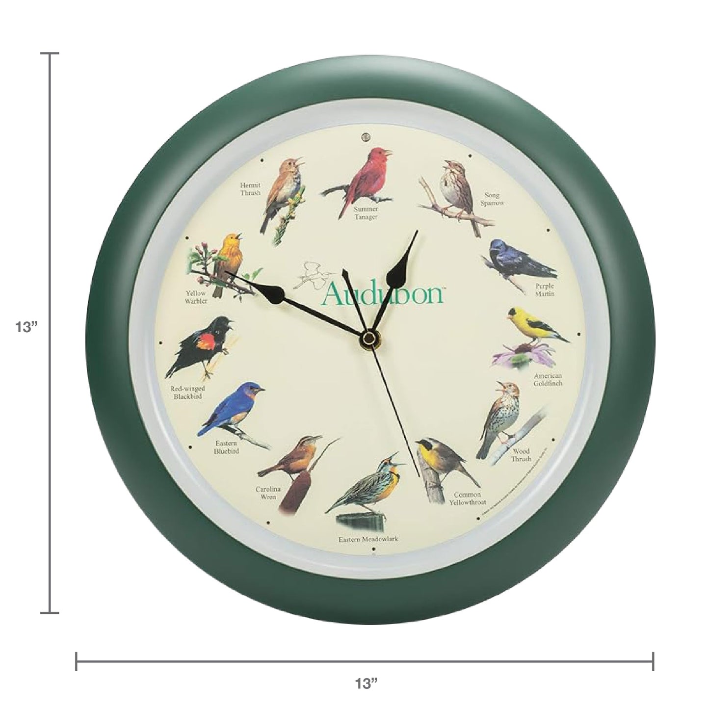 Mark Feldstein, Audubon Singing Bird Wall Clock, 13 Inch, Green