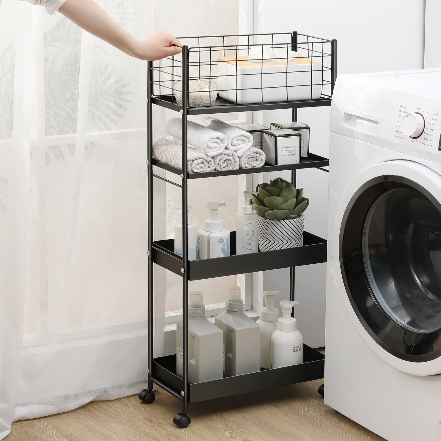 KINGRACK Slim Rolling Storage Cart 4 Tier - Heavy Duty Metal Utility Cart with Raised Edge & Wheels, Narrow Mobile Organizer Shelves for Bathroom, Kitchen, Laundry, Office, Living Room, Black