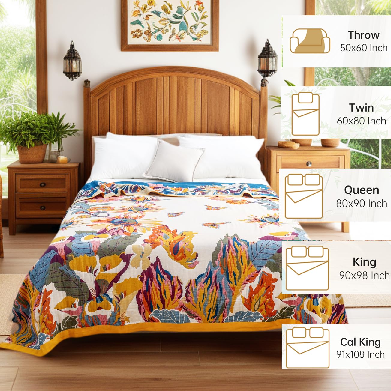 VANJOROY Boho Throw Blanket 60" x 80", 100% Organic Cotton Skin-Friendly Lightweight Ultra Soft Bed Quilt Throw - Summer Floral Butterfly Farmhouse Decor Blanket for Sofa Couch Chair and Gift.
