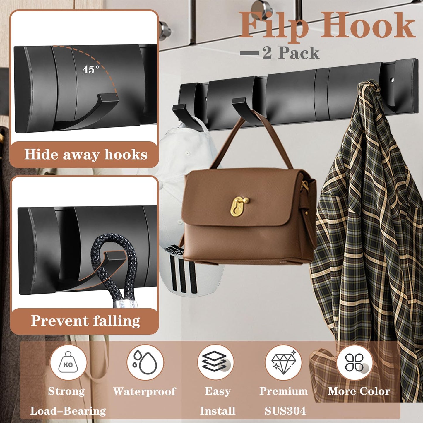 Vanloory Folding Coat Hooks, Wall Mounted Coat Rack with 8 Retractable Hooks, Heavy Duty Towel Rack for Bathroom Wall Hook for Hanging Clothes Bathrobe, Stainless Steel Coat Hanger for Entryway(Black)