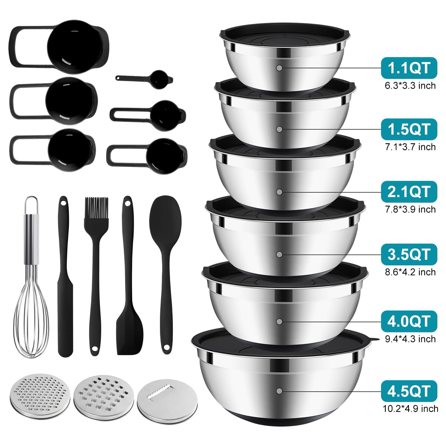 20-Piece Mixing Bowls Set with Airtight Lids – 6 Stainless Steel Kitchen Bowls (4.5QT, 4QT, 3.5QT, 2.1QT, 1.5QT, 1.1QT), 3 Grater Attachments, Non-Slip Silicone Bottoms, Perfect for Baking & Serving