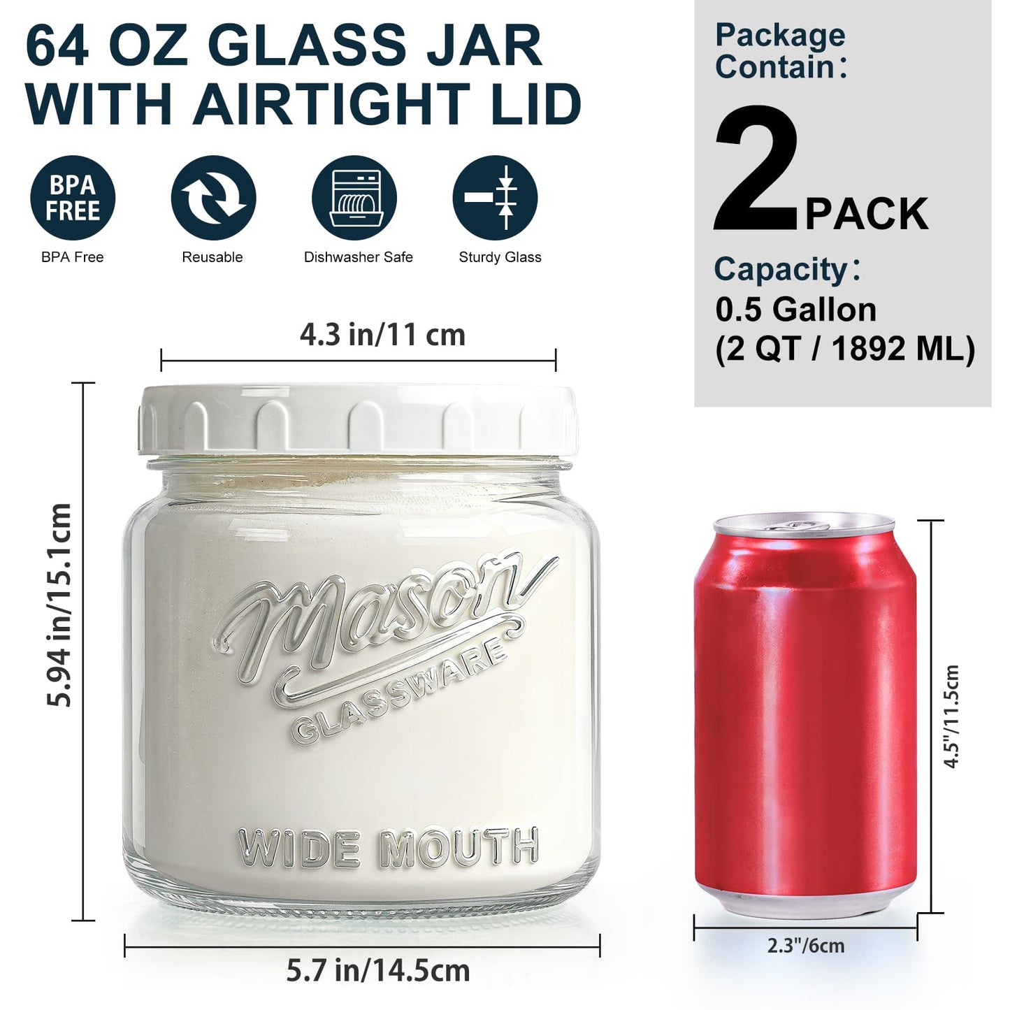 Dwbligt 2 Pack Glass Jar with Lid, Half Gallon Mason Jar Wide Mouth for Pantry Storage, Flour, Pasta, Cookie, Candy, Fermenting, Pickle - Airtight Glass Storage Jars for Fridge w 2 Scale Marks(64 Oz)