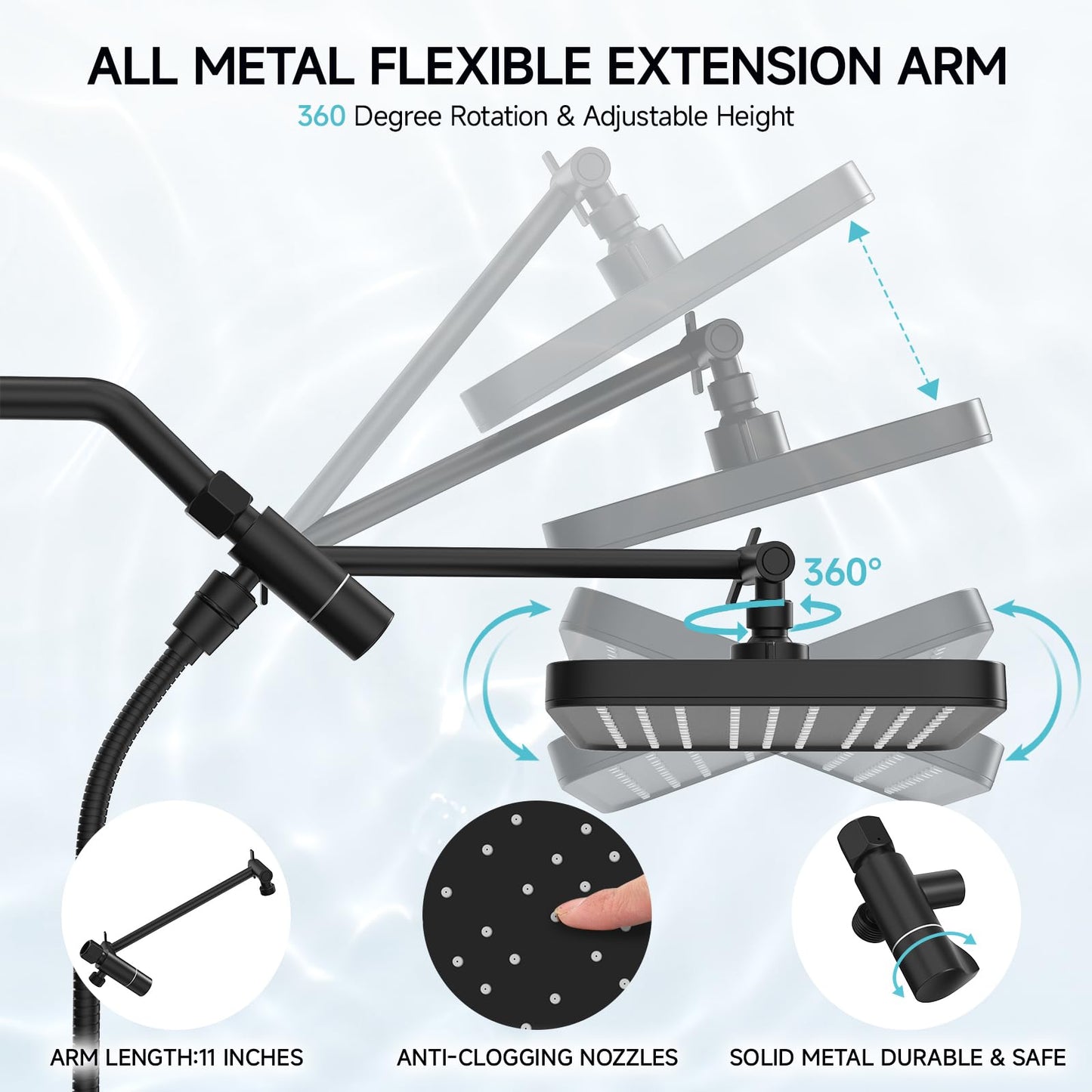 Rain Shower Head with Handheld Spray Combo Set, Adjustable 12" Rainfall Dual Shower Head, Double&Tandem Shower Head, Waterfall Showerhead Bathroom -Matte Black