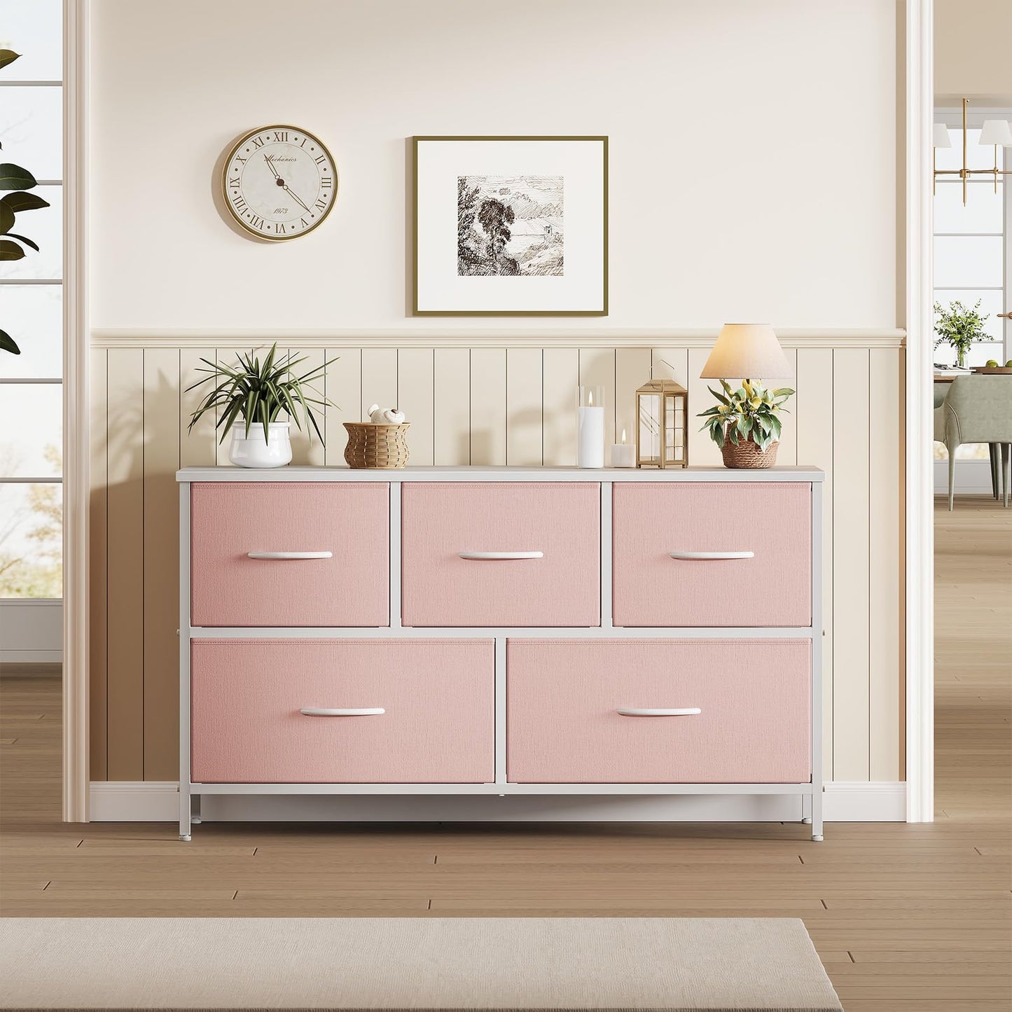 OLIXIS Dresser for Bedroom with 5 Drawers, Wide Chest of Drawers, Fabric Bedroom Dresser with Drawer Organizer, Storage Organizer Unit with Fabric Bins for Closet, Living Room, Hallway, Pink