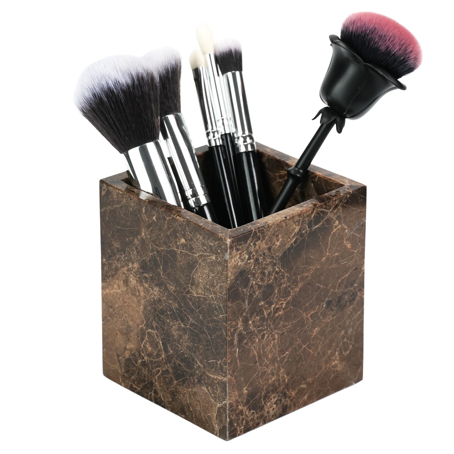 LWALMS Marble Makeup Brush Holder - Brown Candle Toothbrush Cup for Bathroom Accessories, Decorative Pencil Organizer for Office Desk Aesthetic, Stone Utensil Container for Kitchen Countertop
