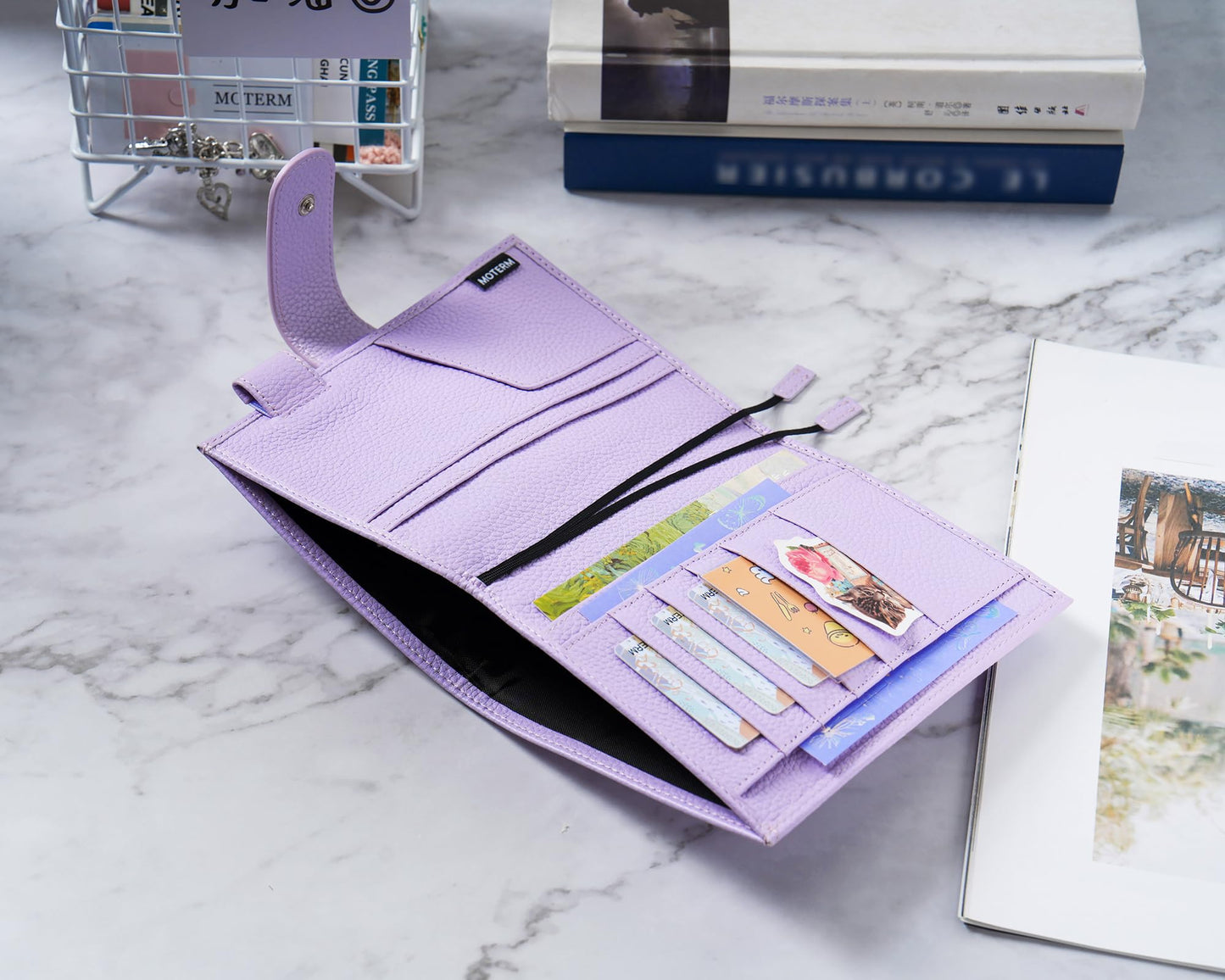 Moterm Leather Cover for A6 Notebooks - Fits Hobonichi Original, Stalogy and Midori MD Planners, with Pen Loop, Card Slots and Back Pocket (Pebbled-Lavender, A6+)