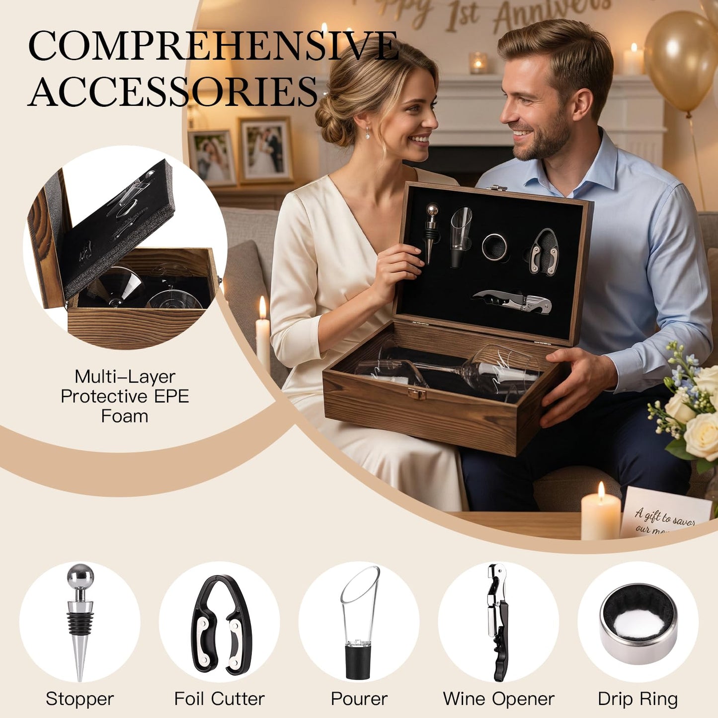 SIPBYSOP Wedding/Anniversary/Engagement/Bridal Shower and Bachelorette Gifts for Couples,Bride & Newlywed, Engraved Mr and Mrs Wine Glasses with 5-Piece Wine Accessory Kit