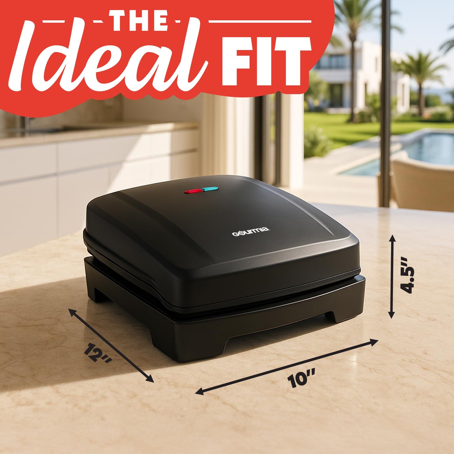 Gourmia Indoor Grill & Panini Maker – 4 Serving Contact or Open Grill, Nonstick Ceramic, Preheat Indicator Light, Slope Design with Removable Dishwasher Safe Drip Tray
