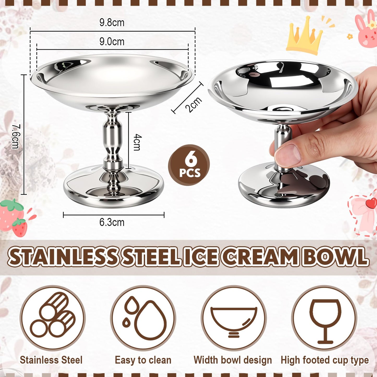 Ferrochef 6 Pcs Mini Stainless Steel Ice Cream Bowls Vintage Silver Serving Pudding Dessert Cup Sauce Bowls Metal Round Footed Yogurt Snack Candy Cups for Mousse Fruit Salad Cake Wedding Party Favor
