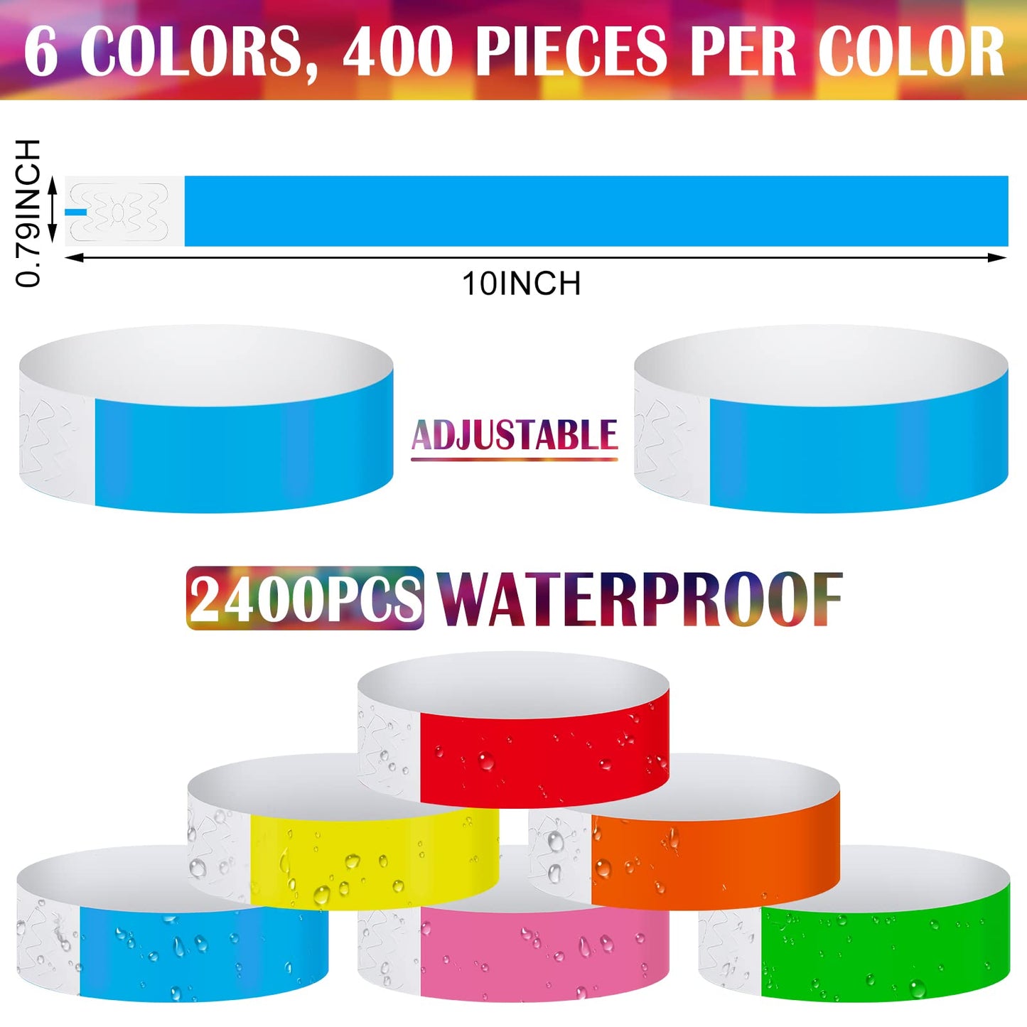 Tudomro 2400 Pack Neon Paper Wristbands Bulk - Waterproof, Lightweight, Adhesive - Concert, Events, Party for Hand Wrist Arm Identification(Multicolor)