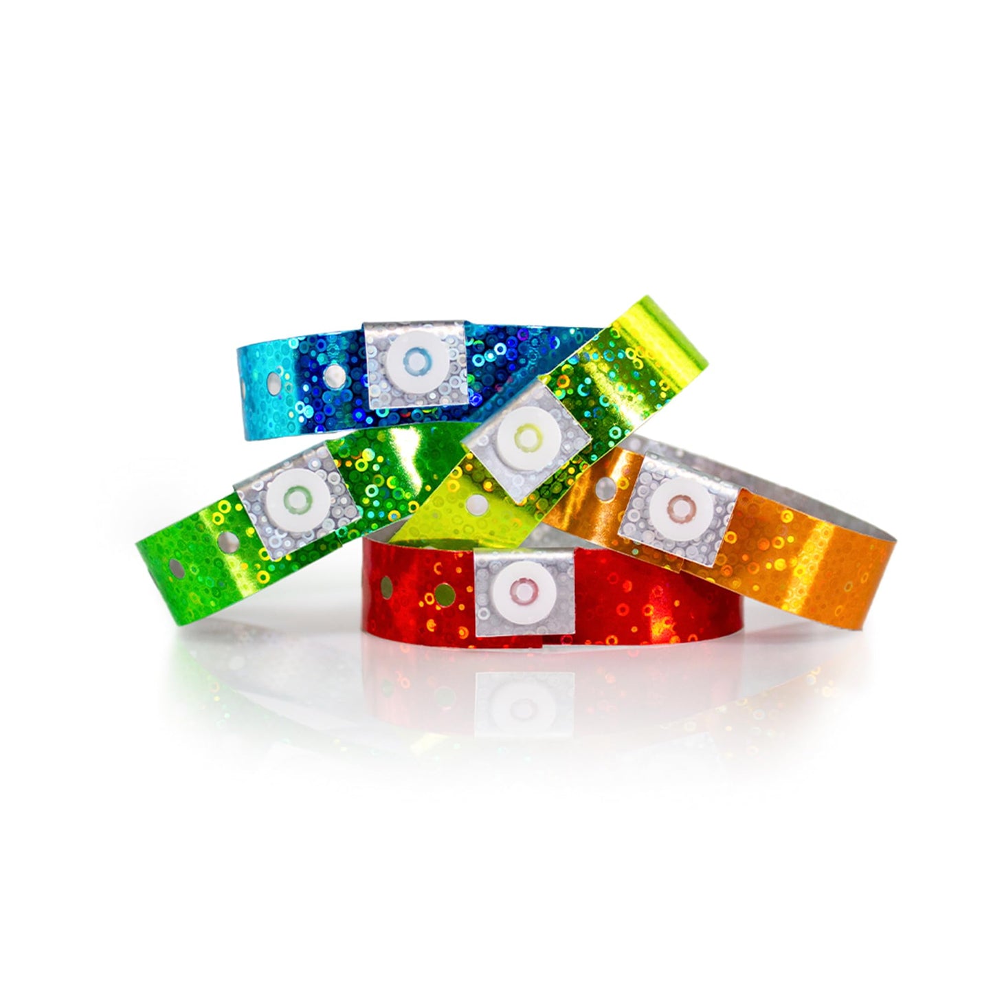 500 WristCo Variety Pack Holographic Plastic Wristbands for Events – Extended Wear, Glowing Color Prevents Reuse – Premium-Grade Bracelets for Hospital & Medical ID, Party & VIP Identification