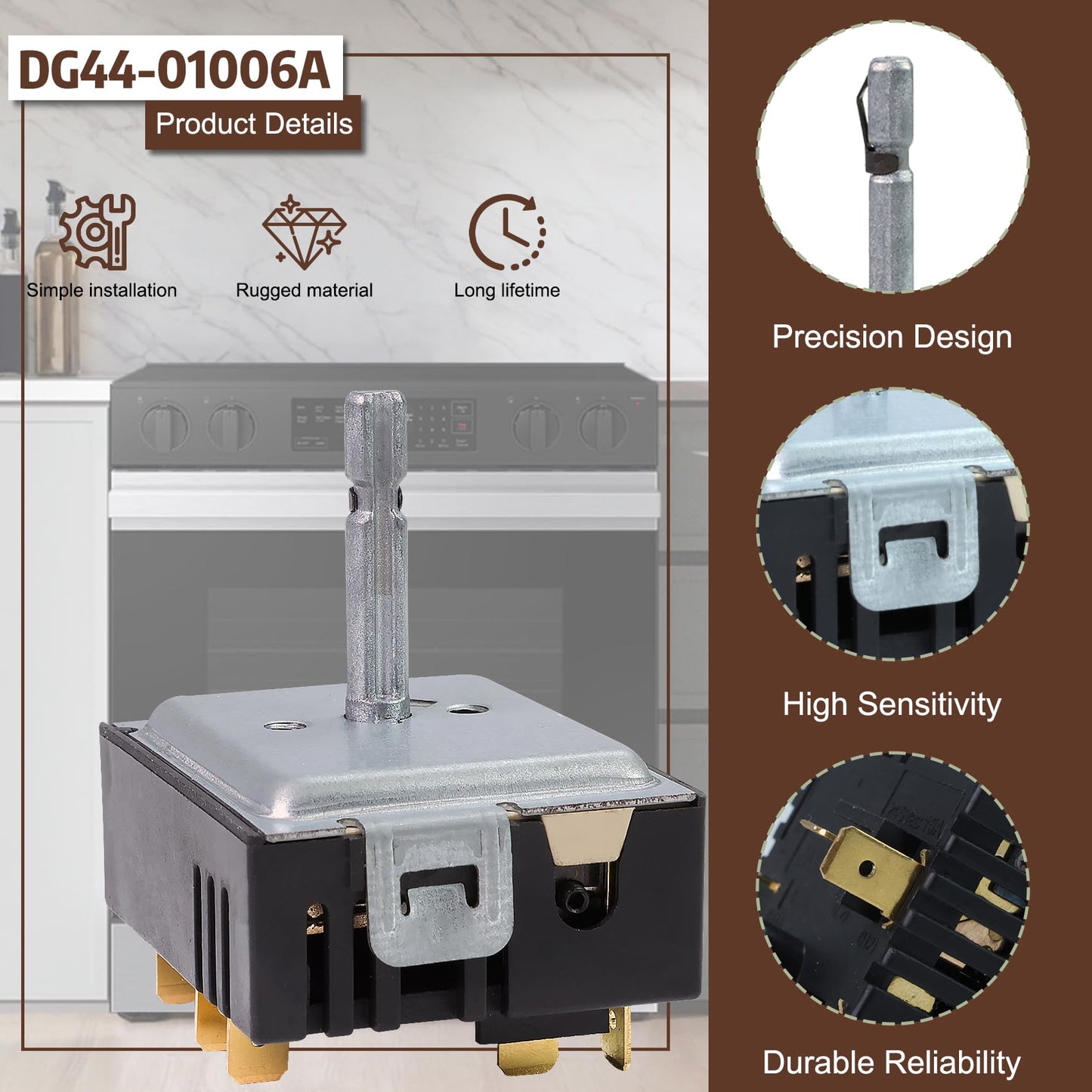 DG44-01006A Range Surface Element Switch DG44-01006A PER001-12 D Control Switch Replaces Parts: PER001-02 D, NE58F9500SS, 3282716, AP5800762, PS8764900, EAP8764900 Compatible with Samsung