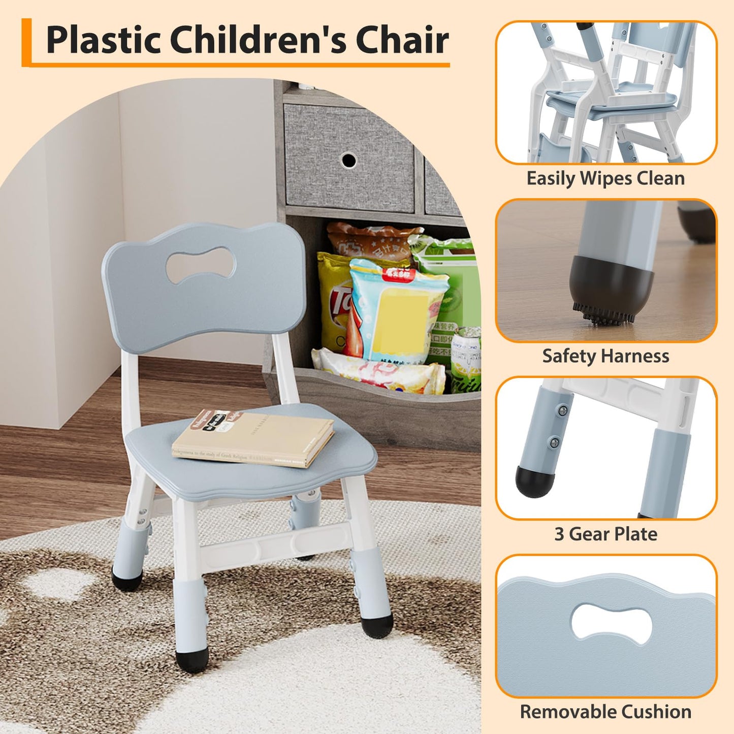 BouPower 2-Pack Adjustable Kids Chairs, 3-Level Height Plastic Toddler Chair with Non-Slip Base & Stackable Design, for Home School Classroom Daycare Indoor Outdoor Use, Ages 2-8, Grey
