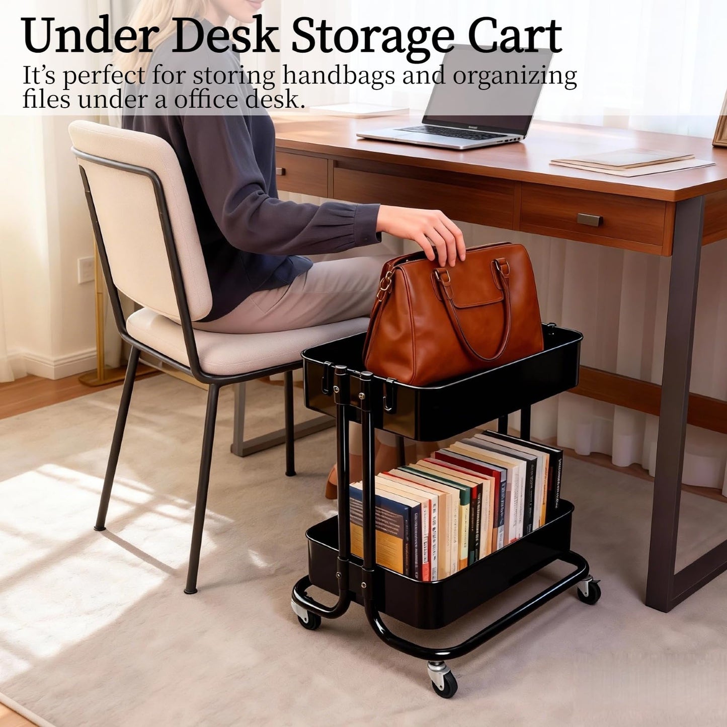 LiWNYRK 2 Tier Cart with Wheels Heavy Duty Metal Rolling Storage Cart for Under Desk Storage, Short Small Utility Shelf for Pantry Kitchen Bathroom Laundry, Home Organizer with Large Basket, Black