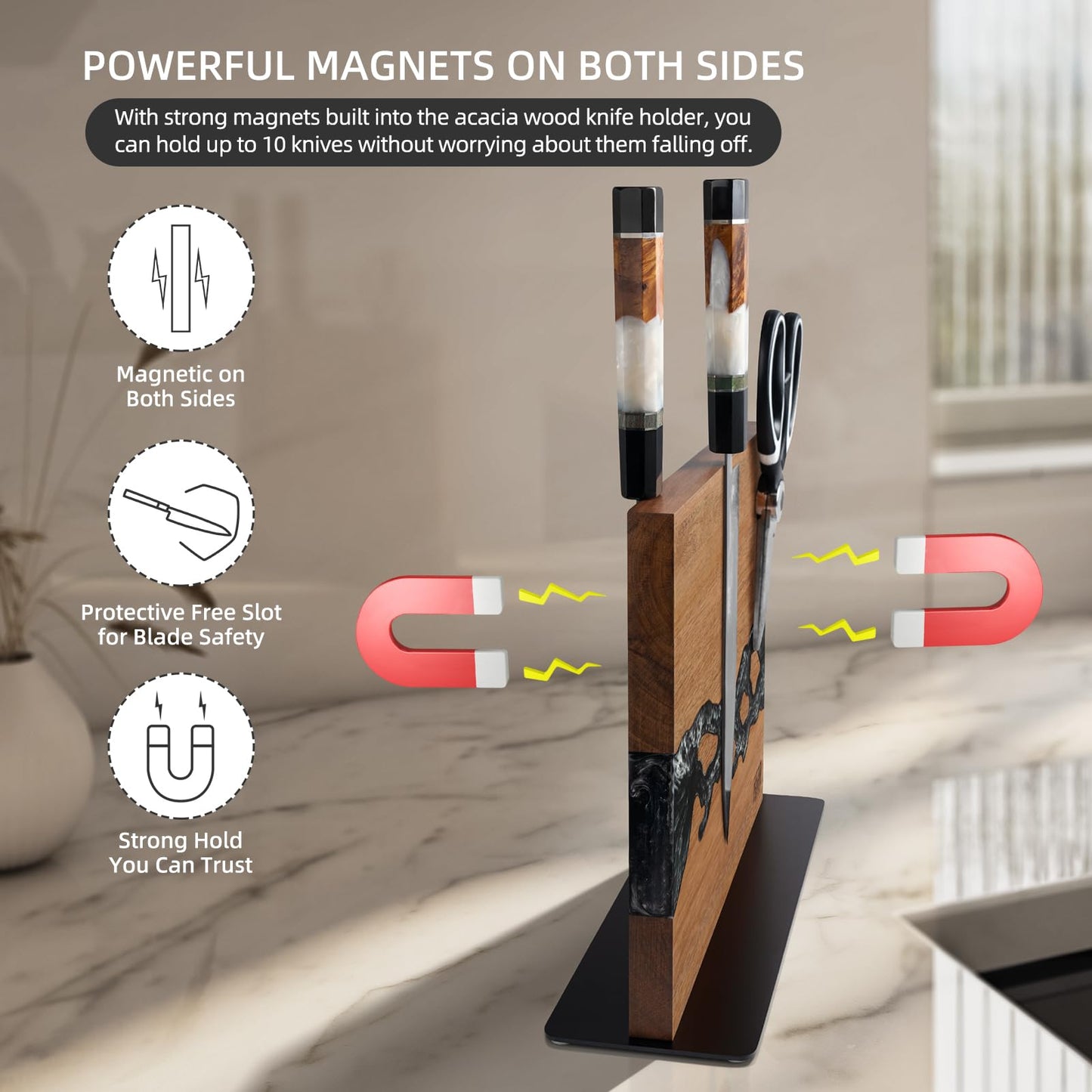 FINDKING Magnetic Knife Block, Double-Sided Knife Holder with Strong Magnets, Acacia Wood and Black White Resin, Countertop Kitchen Knife Storage Stand (12 × 10 Inches, Without Knives)