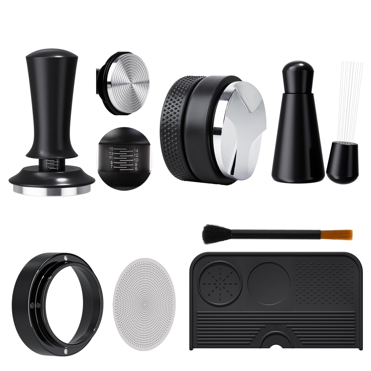 7 PCS Espresso Accessories, 54mm Espresso Tamper Tools, Coffee Distributor, WDT Tool Espresso Machine Accessories, Food Grade Silicone Espresso Tamping Mat, Dosing Funnel, Cleaning Brush & Puck Screen