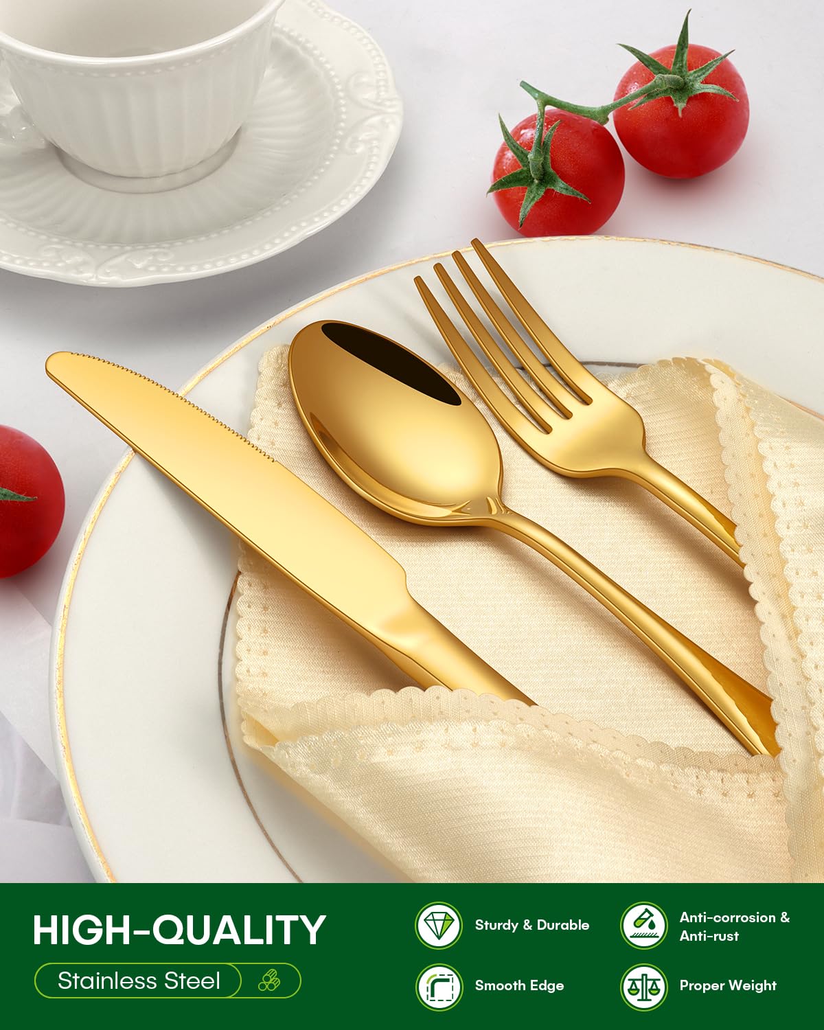 PHILIPALA 40 Piece Gold Silverware Set, Stainless Steel Flatware Set for 8 Food Grade Cutlery Utensil Set Include Knife Fork Spoon Mirror Polished Dishwasher Safe