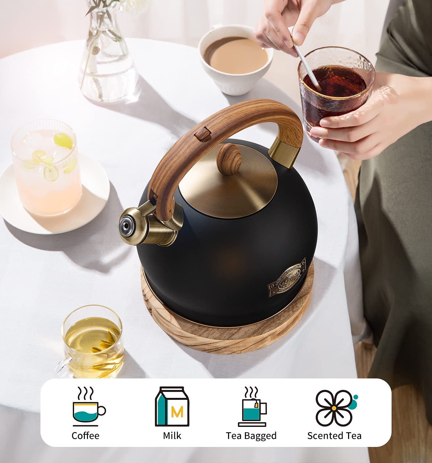 VICALINA Tea Kettle & Tea Pot, 2.64 Quart Food Grade Stainless Steel Induction Whistling Tea Kettle for Stove Top Home Daily Use Teapot with Cool Touch Ergonomic Handle Polished Black