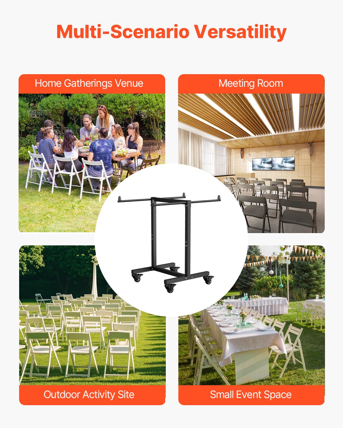 VEVOR Folding Chair Rack, 200 LBS Capacity, T-Shape Chair Cart for 14 Chairs, Heavy-Duty Metal Chair Storage Dolly with Rubber Wheels, Multi-Function Chair Holder for Party Event,Hotel, Matte Black