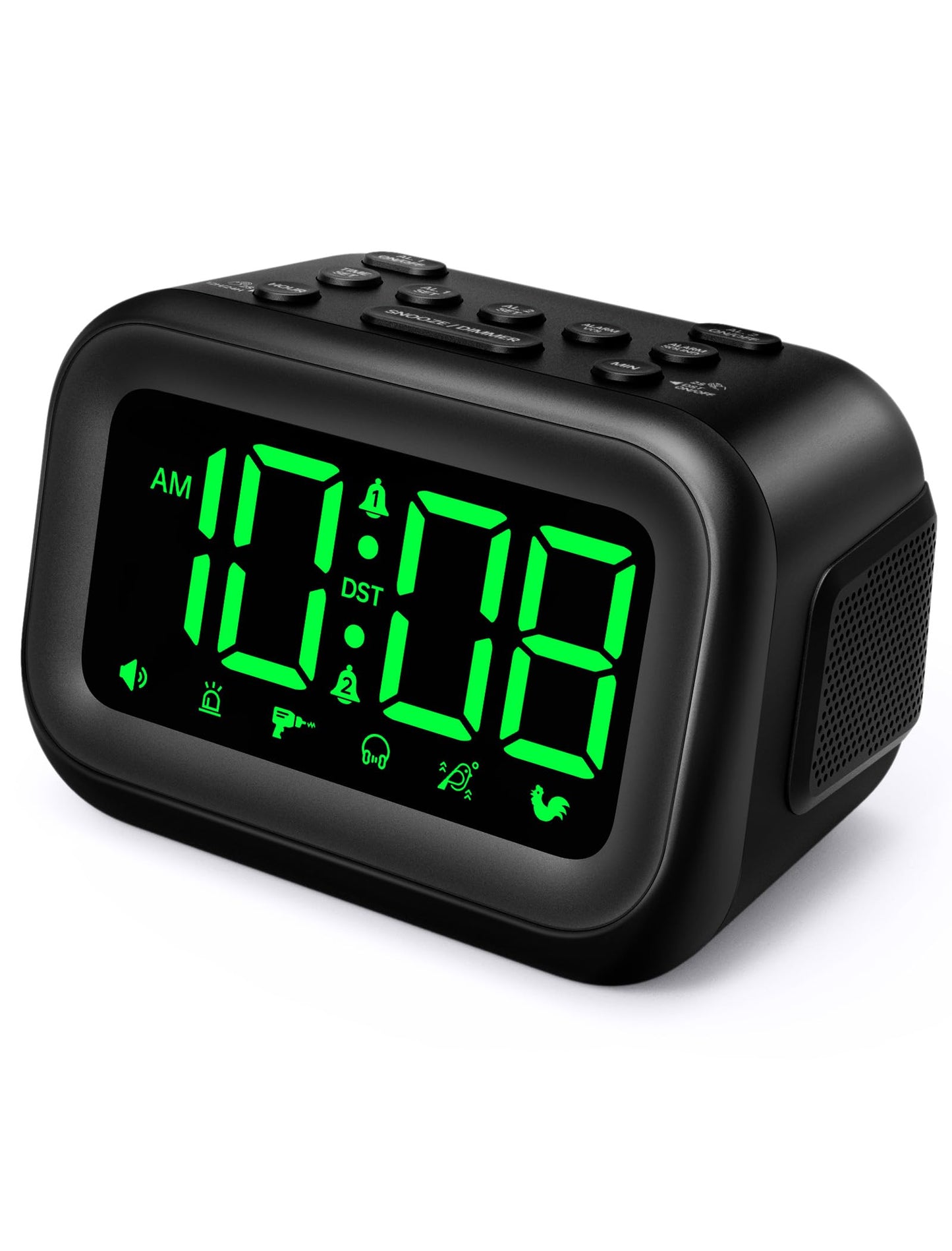 AuroraCalm Extra Loud Alarm Clock: 115dB Dual Alarms and 6 Unique Alarm Sounds for Heavy Sleepers - Adult Students for Bedroom On-Time Wake-Ups - Green Digits
