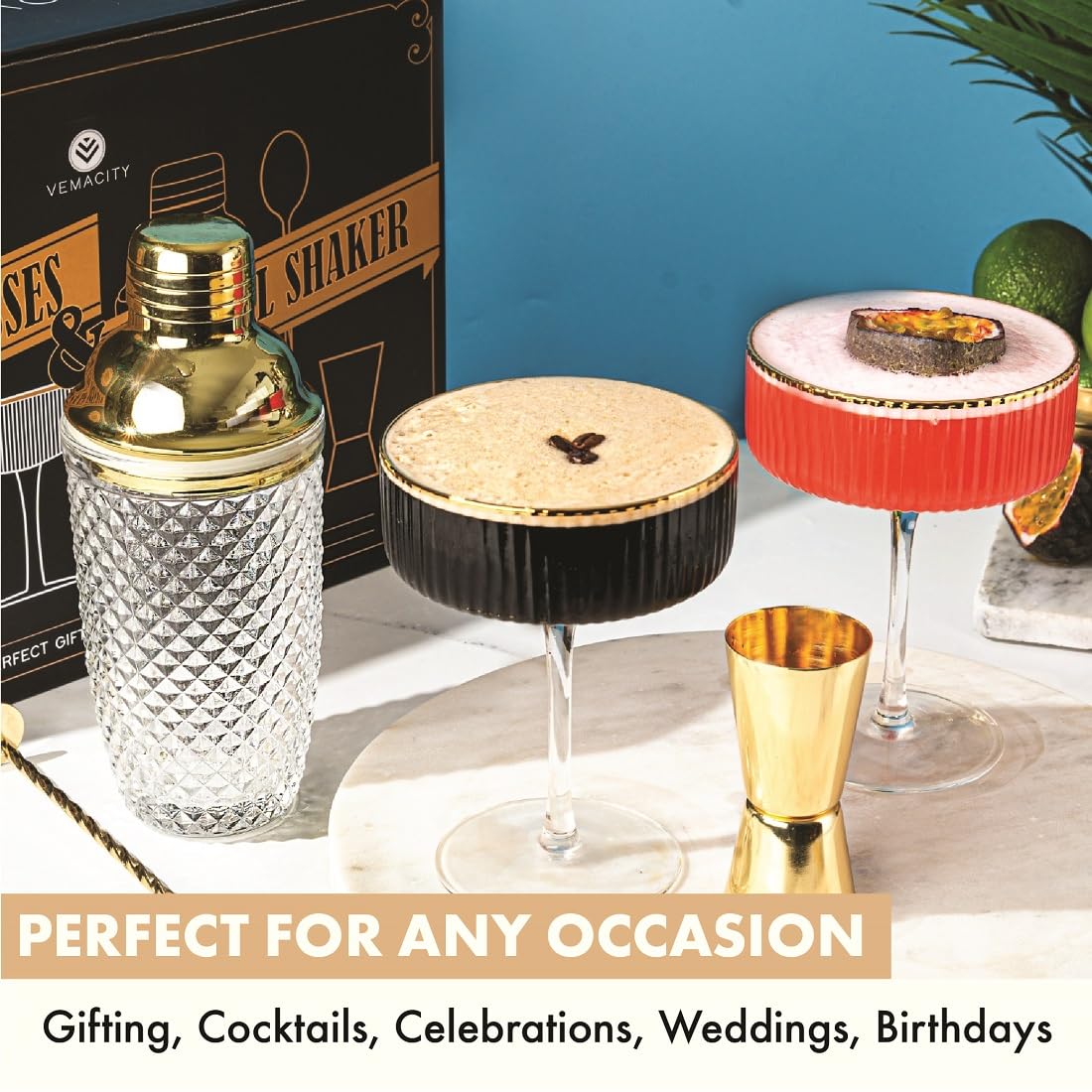 VEMACITY - Luxury Espresso Martini Gifts | Gold Cocktail Shaker Set + 2 Espresso Martini Glasses - Cocktail Kit with Built-in Strainer & Ribbed Martini Glasses (10oz) | Drink Shakers Cocktail